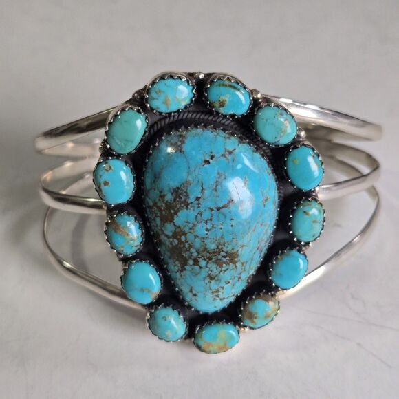 Sterling Jewelry - Vintage Navajo Sterling Turquoise Cluster Cuff Bracelet 48g Large 7.5" Stamped